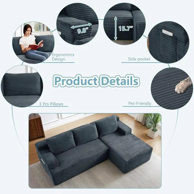 Alt view image 3 of 7 - 96" Cloud Sectional Couch with L-Shape Chaise, Modern Corduroy Boneless Couch for Living Room,Memory Foam Sofa with Deep Seat,No Assembly Required (Dark Gray,Right-Facing Chaise)