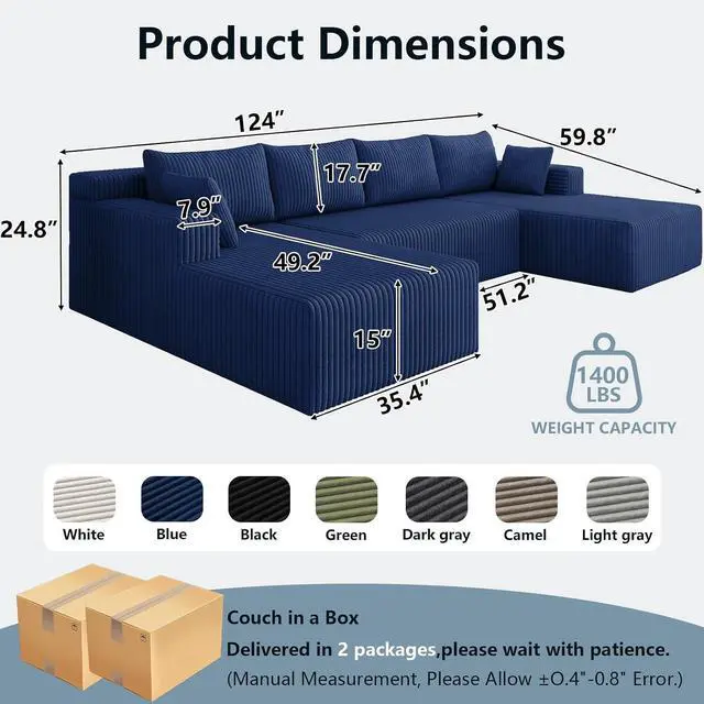 Alt view image 2 of 7 - 124" Cloud Sectional Couch,Modern U-Shaped Boneless Couch with Deep Seat,Comfy Corduroy 4-Seater Sofa,Memory Foam Sofa for Living Room,No Assembly Required (Blue)