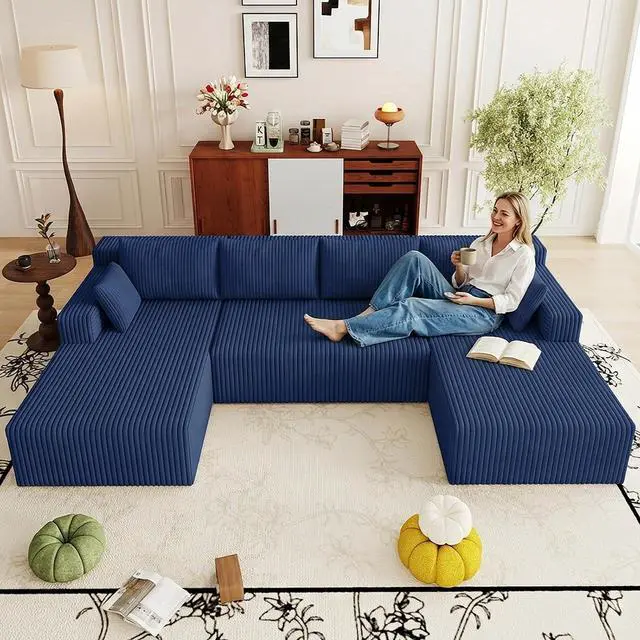 Alt view image 4 of 7 - 124" Cloud Sectional Couch,Modern U-Shaped Boneless Couch with Deep Seat,Comfy Corduroy 4-Seater Sofa,Memory Foam Sofa for Living Room,No Assembly Required (Blue)