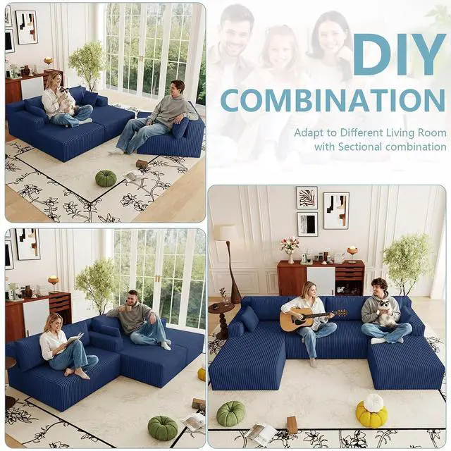 Alt view image 3 of 7 - 124" Cloud Sectional Couch,Modern U-Shaped Boneless Couch with Deep Seat,Comfy Corduroy 4-Seater Sofa,Memory Foam Sofa for Living Room,No Assembly Required (Blue)