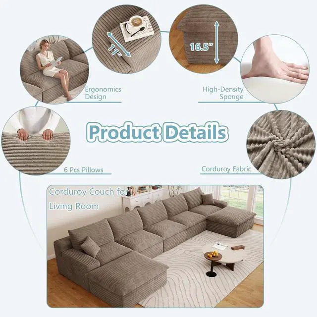 Alt view image 3 of 7 - 165" Oversized Cloud Sectional Couch with U-Shaped Chaise,5-Seater Corduroy Viral Boneless Sofa with Ottoman,Memory Foam Couches in a Box with Deep Seat for Living Room,No Assembly Required, Camel
