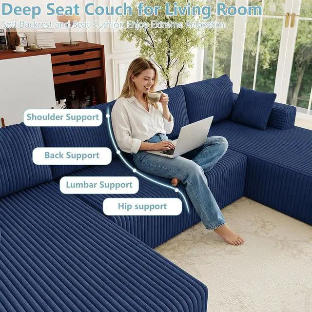 Alt view image 6 of 7 - 124" Cloud Sectional Couch,Modern U-Shaped Boneless Couch with Deep Seat,Comfy Corduroy 4-Seater Sofa,Memory Foam Sofa for Living Room,No Assembly Required (Blue)