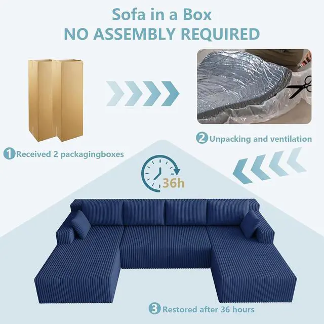 Alt view image 7 of 7 - 124" Cloud Sectional Couch,Modern U-Shaped Boneless Couch with Deep Seat,Comfy Corduroy 4-Seater Sofa,Memory Foam Sofa for Living Room,No Assembly Required (Blue)
