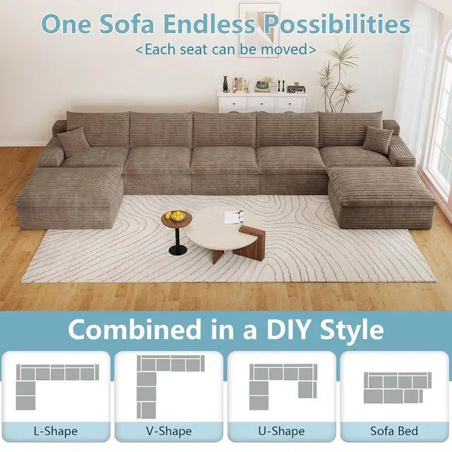 Alt view image 5 of 7 - 165" Oversized Cloud Sectional Couch with U-Shaped Chaise,5-Seater Corduroy Viral Boneless Sofa with Ottoman,Memory Foam Couches in a Box with Deep Seat for Living Room,No Assembly Required, Camel