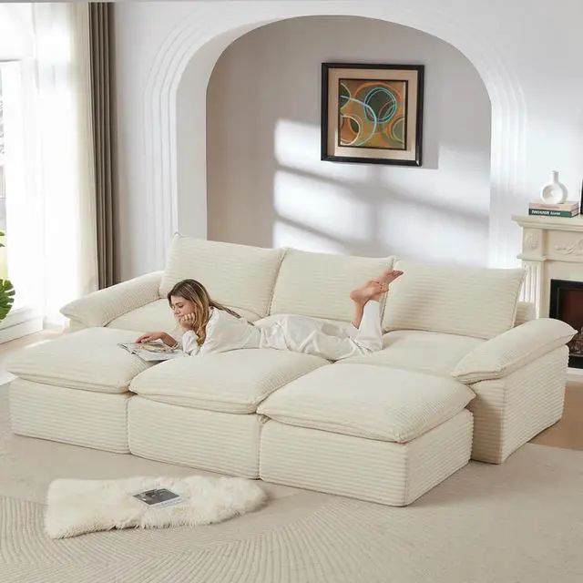 Alt view image 3 of 6 - 111" Cloud Sectional Couch,Corduroy Viral Boneless Sofa with Ottomans,Memory Foam Couces in a Box with Deep Seat for Living Room,No Assembly Required (White)