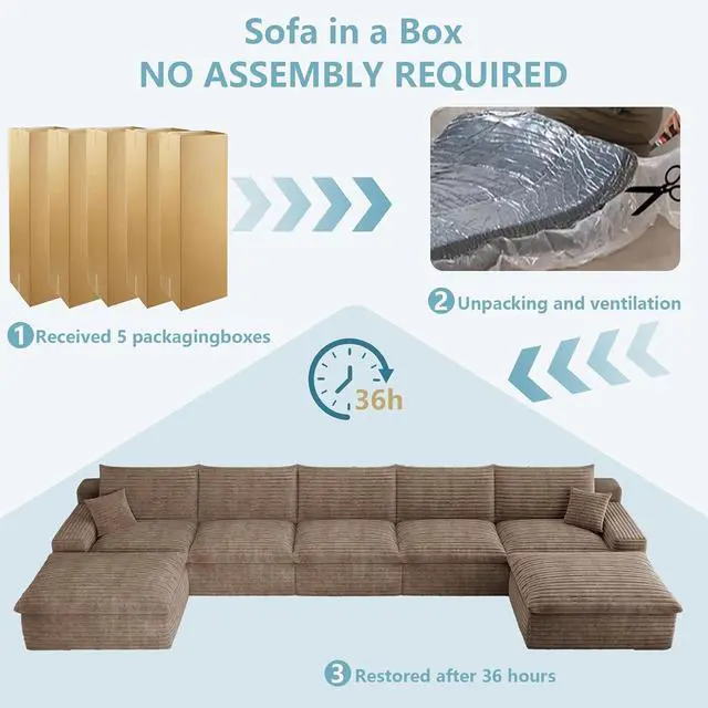 Alt view image 6 of 7 - 165" Oversized Cloud Sectional Couch with U-Shaped Chaise,5-Seater Corduroy Viral Boneless Sofa with Ottoman,Memory Foam Couches in a Box with Deep Seat for Living Room,No Assembly Required, Camel