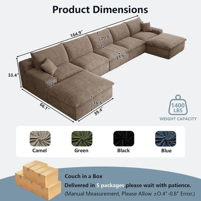 Alt view image 7 of 7 - 165" Oversized Cloud Sectional Couch with U-Shaped Chaise,5-Seater Corduroy Viral Boneless Sofa with Ottoman,Memory Foam Couches in a Box with Deep Seat for Living Room,No Assembly Required, Camel