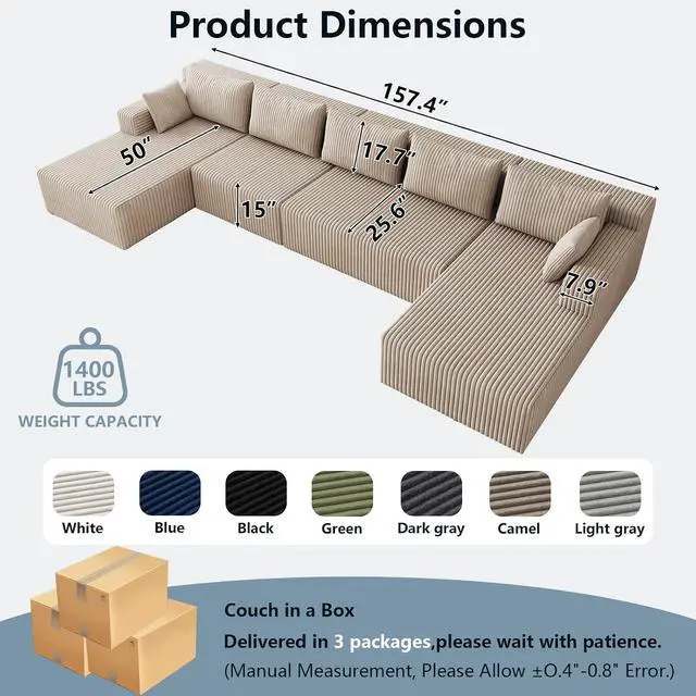 Alt view image 2 of 7 - 160" Cloud Sectional Couch,Modern U-Shaped Cloud Couch with Deep Seat,Comfy Corduroy 5-Seater Sofa,Memory Foam Sofa for Living Room,No Assembly (Camel)