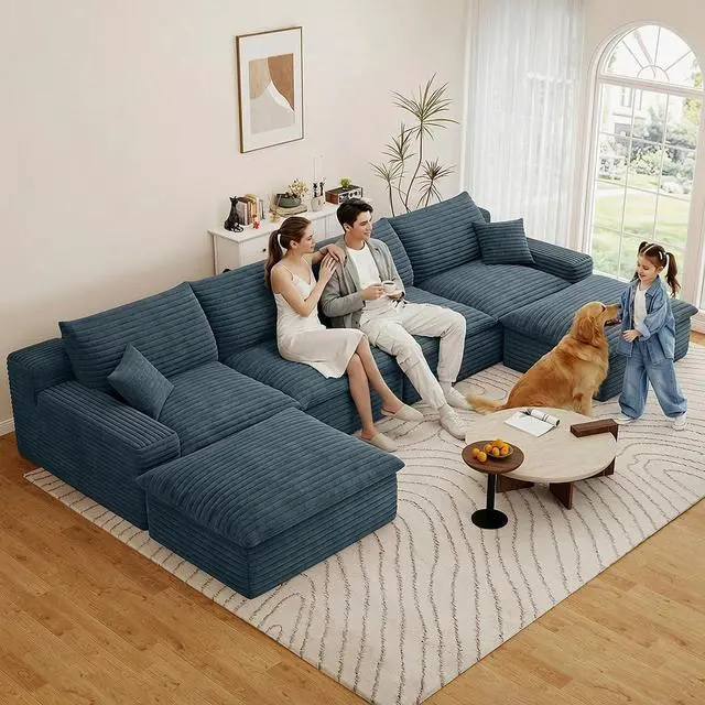 Main image of 136" Cloud Sectional Couch with U-Shaped Chaise,4-Seater Corduroy Viral Boneless Sofa with Ottoman,Memory Foam Couches in a Box with Deep Seat for Living Room,No Assembly Required, Blue