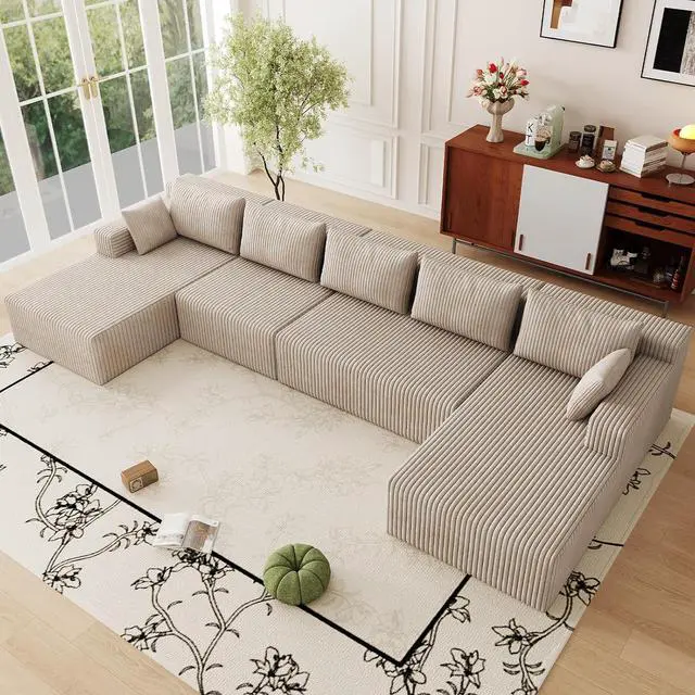 Main image of 160" Cloud Sectional Couch,Modern U-Shaped Cloud Couch with Deep Seat,Comfy Corduroy 5-Seater Sofa,Memory Foam Sofa for Living Room,No Assembly (Camel)