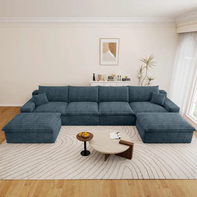 Alt view image 3 of 7 - 136" Cloud Sectional Couch with U-Shaped Chaise,4-Seater Corduroy Viral Boneless Sofa with Ottoman,Memory Foam Couches in a Box with Deep Seat for Living Room,No Assembly Required, Blue