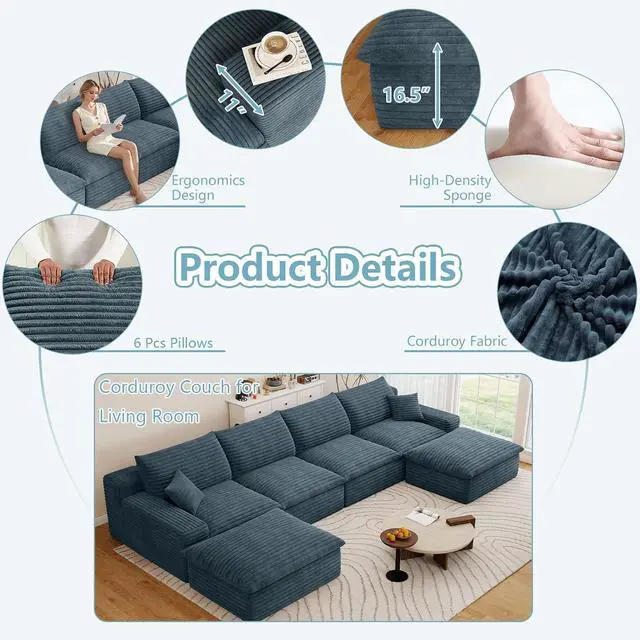 Alt view image 4 of 7 - 136" Cloud Sectional Couch with U-Shaped Chaise,4-Seater Corduroy Viral Boneless Sofa with Ottoman,Memory Foam Couches in a Box with Deep Seat for Living Room,No Assembly Required, Blue