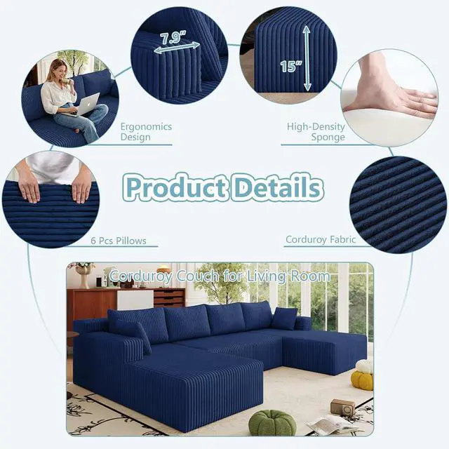 Alt view image 5 of 7 - 124" Cloud Sectional Couch,Modern U-Shaped Boneless Couch with Deep Seat,Comfy Corduroy 4-Seater Sofa,Memory Foam Sofa for Living Room,No Assembly Required (Blue)