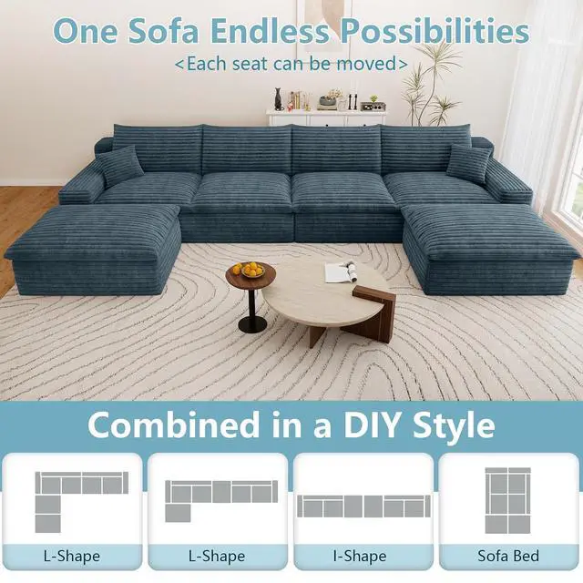 Alt view image 5 of 7 - 136" Cloud Sectional Couch with U-Shaped Chaise,4-Seater Corduroy Viral Boneless Sofa with Ottoman,Memory Foam Couches in a Box with Deep Seat for Living Room,No Assembly Required, Blue