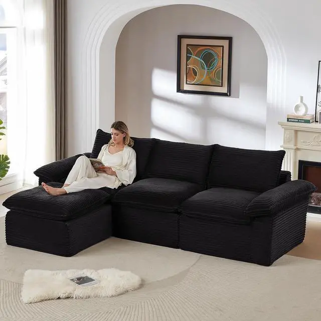 Main image of 111" Cloud Sectional Couch with L-Shape Chaise, Modern Corduroy Viral Boneless Sofa for Living Room,Memory Foam Couces in a Box with Deep Seat,No Assembly Required (Black)