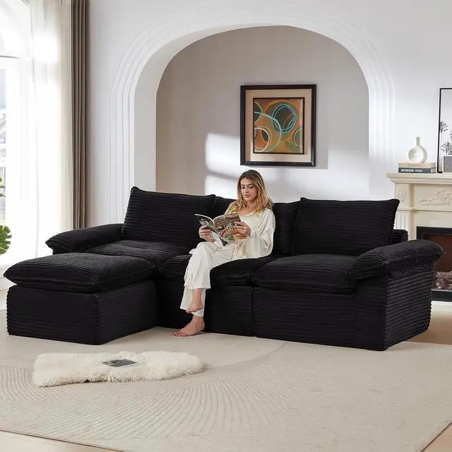 Alt view image 3 of 6 - 111" Cloud Sectional Couch with L-Shape Chaise, Modern Corduroy Viral Boneless Sofa for Living Room,Memory Foam Couces in a Box with Deep Seat,No Assembly Required (Black)