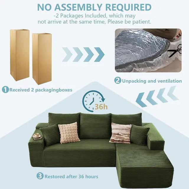 Alt view image 6 of 6 - 107" W Cloud Sectional Couch with L-Shape Chaise, Modern Corduroy Boneless Couch for Living Room,Memory Foam Sofa with Deep Seat,No Assembly Required (Green,Right-Facing Chaise)