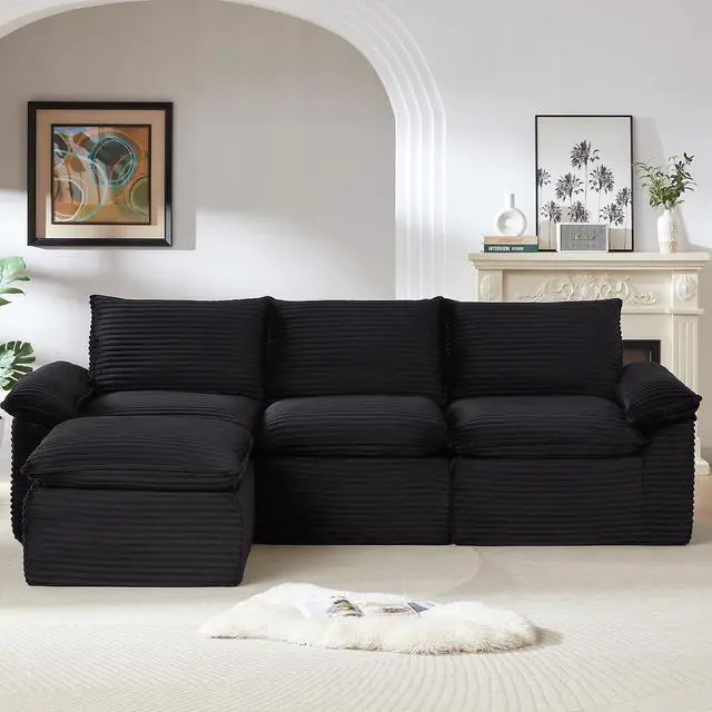 Alt view image 5 of 6 - 111" Cloud Sectional Couch with L-Shape Chaise, Modern Corduroy Viral Boneless Sofa for Living Room,Memory Foam Couces in a Box with Deep Seat,No Assembly Required (Black)
