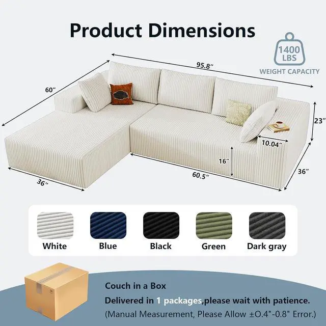 Alt view image 2 of 6 - 96" Cloud Sectional Couch with L-Shape Chaise, Modern Corduroy Boneless Couch for Living Room,Memory Foam Sofa with Deep Seat,No Assembly Required (White,Left-Facing Chaise)
