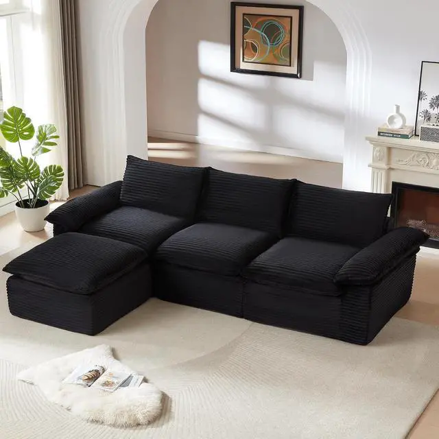 Alt view image 4 of 6 - 111" Cloud Sectional Couch with L-Shape Chaise, Modern Corduroy Viral Boneless Sofa for Living Room,Memory Foam Couces in a Box with Deep Seat,No Assembly Required (Black)