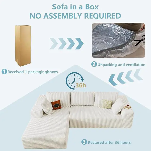Alt view image 5 of 6 - 96" Cloud Sectional Couch with L-Shape Chaise, Modern Corduroy Boneless Couch for Living Room,Memory Foam Sofa with Deep Seat,No Assembly Required (White,Left-Facing Chaise)