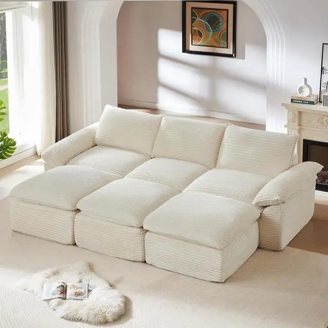 Alt view image 4 of 6 - 111" Cloud Sectional Couch,Corduroy Viral Boneless Sofa with Ottomans,Memory Foam Couces in a Box with Deep Seat for Living Room,No Assembly Required (White)