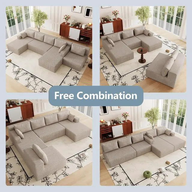 Alt view image 3 of 7 - 160" Cloud Sectional Couch,Modern U-Shaped Cloud Couch with Deep Seat,Comfy Corduroy 5-Seater Sofa,Memory Foam Sofa for Living Room,No Assembly (Camel)