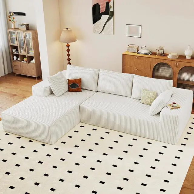 Alt view image 6 of 6 - 96" Cloud Sectional Couch with L-Shape Chaise, Modern Corduroy Boneless Couch for Living Room,Memory Foam Sofa with Deep Seat,No Assembly Required (White,Left-Facing Chaise)