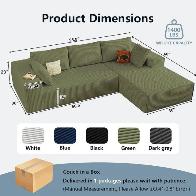 Alt view image 2 of 6 - 96" Cloud Sectional Couch with L-Shape Chaise, Modern Corduroy Boneless Couch for Living Room,Memory Foam Sofa with Deep Seat,No Assembly Required (Green,Right-Facing Chaise)