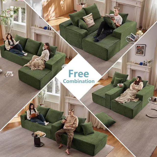 Alt view image 5 of 6 - 107" W Cloud Sectional Couch with L-Shape Chaise, Modern Corduroy Boneless Couch for Living Room,Memory Foam Sofa with Deep Seat,No Assembly Required (Green,Right-Facing Chaise)