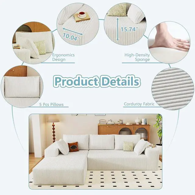 Alt view image 4 of 6 - 96" Cloud Sectional Couch with L-Shape Chaise, Modern Corduroy Boneless Couch for Living Room,Memory Foam Sofa with Deep Seat,No Assembly Required (White,Left-Facing Chaise)