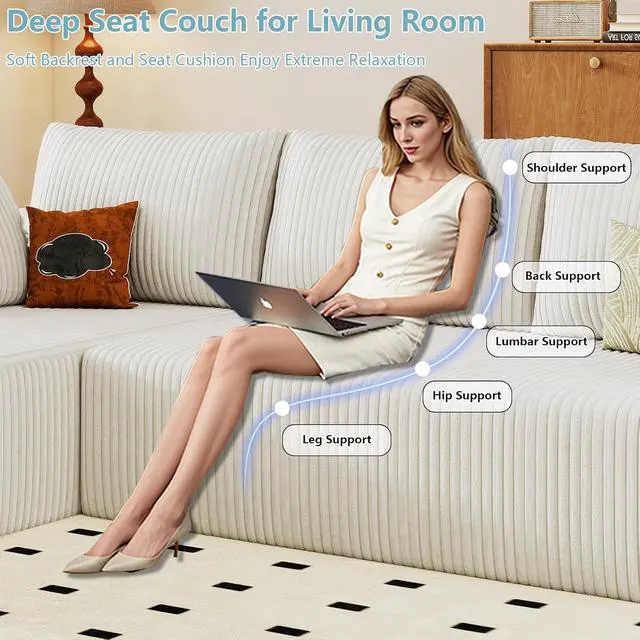 Alt view image 3 of 6 - 96" Cloud Sectional Couch with L-Shape Chaise, Modern Corduroy Boneless Couch for Living Room,Memory Foam Sofa with Deep Seat,No Assembly Required (White,Left-Facing Chaise)