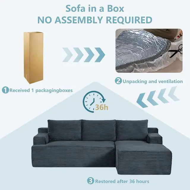 Alt view image 5 of 7 - 96" Cloud Sectional Couch with L-Shape Chaise, Modern Corduroy Boneless Couch for Living Room,Memory Foam Sofa with Deep Seat,No Assembly Required (Dark Gray,Right-Facing Chaise)