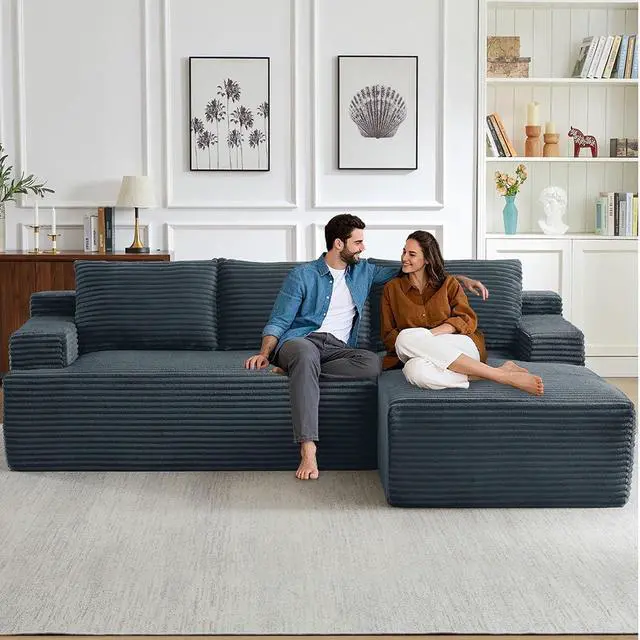 Alt view image 6 of 7 - 96" Cloud Sectional Couch with L-Shape Chaise, Modern Corduroy Boneless Couch for Living Room,Memory Foam Sofa with Deep Seat,No Assembly Required (Dark Gray,Right-Facing Chaise)
