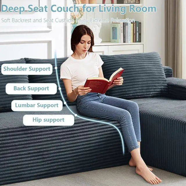 Alt view image 7 of 7 - 96" Cloud Sectional Couch with L-Shape Chaise, Modern Corduroy Boneless Couch for Living Room,Memory Foam Sofa with Deep Seat,No Assembly Required (Dark Gray,Right-Facing Chaise)