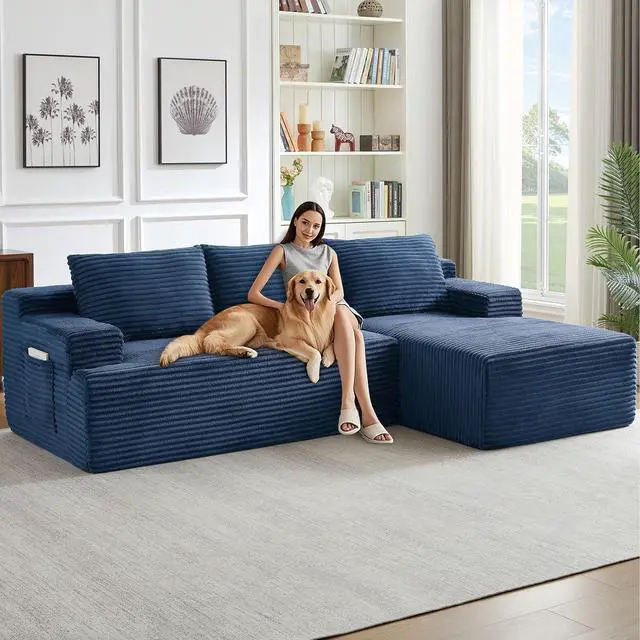 Main image of 96" Cloud Sectional Couch with L-Shape Chaise, Modern Corduroy Boneless Couch for Living Room,Memory Foam Sofa with Deep Seat,No Assembly Required (Blue,Right-Facing Chaise)