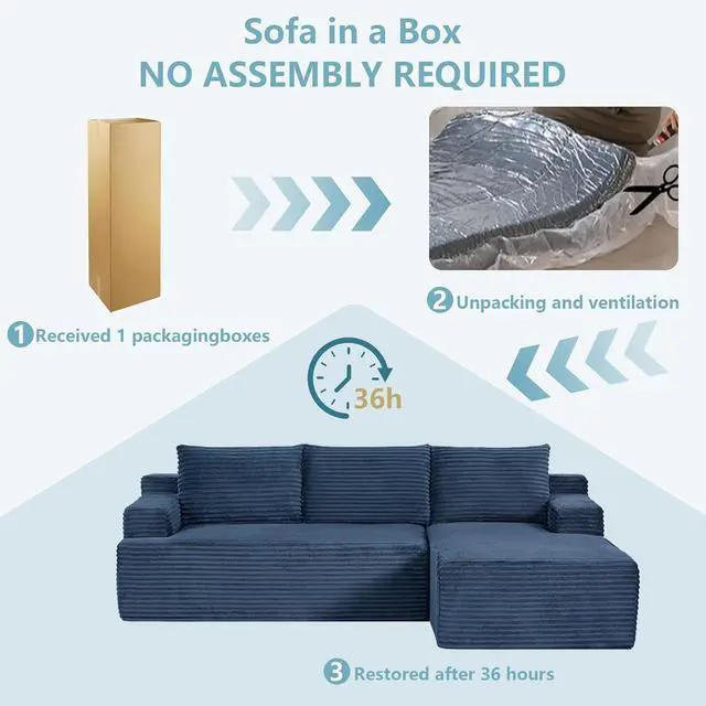 Alt view image 5 of 7 - 96" Cloud Sectional Couch with L-Shape Chaise, Modern Corduroy Boneless Couch for Living Room,Memory Foam Sofa with Deep Seat,No Assembly Required (Blue,Right-Facing Chaise)