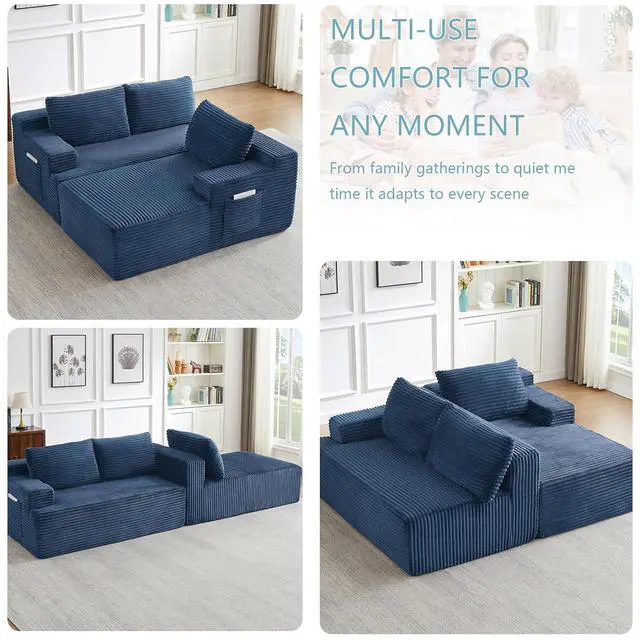 Alt view image 4 of 7 - 96" Cloud Sectional Couch with L-Shape Chaise, Modern Corduroy Boneless Couch for Living Room,Memory Foam Sofa with Deep Seat,No Assembly Required (Blue,Right-Facing Chaise)