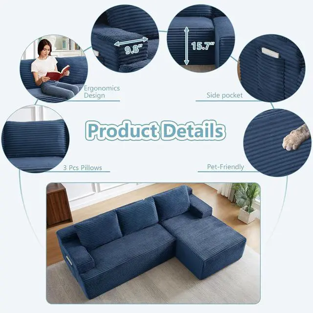 Alt view image 3 of 7 - 96" Cloud Sectional Couch with L-Shape Chaise, Modern Corduroy Boneless Couch for Living Room,Memory Foam Sofa with Deep Seat,No Assembly Required (Blue,Right-Facing Chaise)