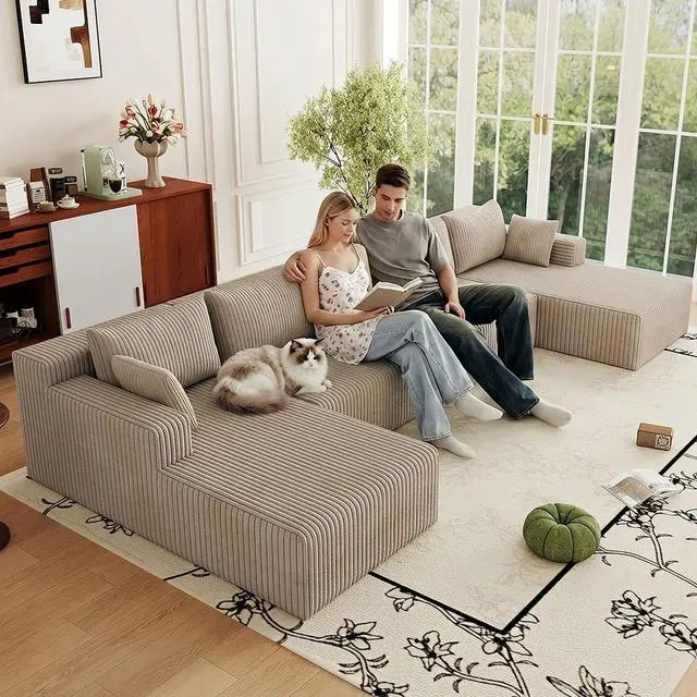 Alt view image 5 of 7 - 160" Cloud Sectional Couch,Modern U-Shaped Cloud Couch with Deep Seat,Comfy Corduroy 5-Seater Sofa,Memory Foam Sofa for Living Room,No Assembly (Camel)