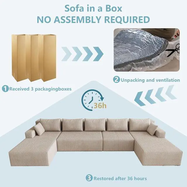Alt view image 6 of 7 - 160" Cloud Sectional Couch,Modern U-Shaped Cloud Couch with Deep Seat,Comfy Corduroy 5-Seater Sofa,Memory Foam Sofa for Living Room,No Assembly (Camel)