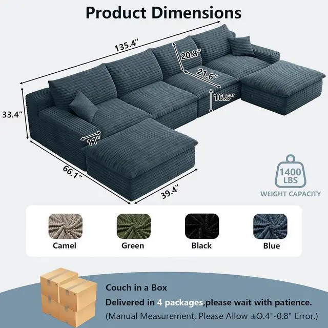 Alt view image 6 of 7 - 136" Cloud Sectional Couch with U-Shaped Chaise,4-Seater Corduroy Viral Boneless Sofa with Ottoman,Memory Foam Couches in a Box with Deep Seat for Living Room,No Assembly Required, Blue