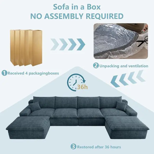 Alt view image 7 of 7 - 136" Cloud Sectional Couch with U-Shaped Chaise,4-Seater Corduroy Viral Boneless Sofa with Ottoman,Memory Foam Couches in a Box with Deep Seat for Living Room,No Assembly Required, Blue