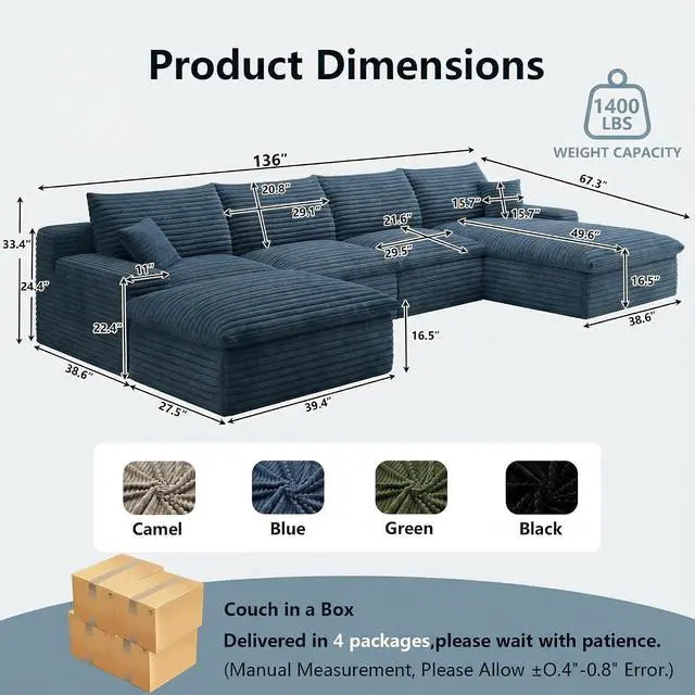 Alt view image 2 of 7 - 136" Cloud Sectional Couch with U-Shaped Chaise,Corduroy Viral Boneless Sofa with Ottoman,Memory Foam Couches in a Box with Deep Seat for Living Room,No Assembly Required (Blue,Right-Facing Chaise)