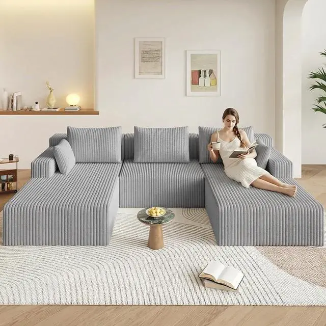 Main image of 107" W Cloud Sectional Couch with Ottoman,Modern U-Shaped Cloud Couch with Deep Seat,Comfy Corduroy 3-Seater Sofa,Memory Foam Sofa for Living Room,No Assembly (Grey)