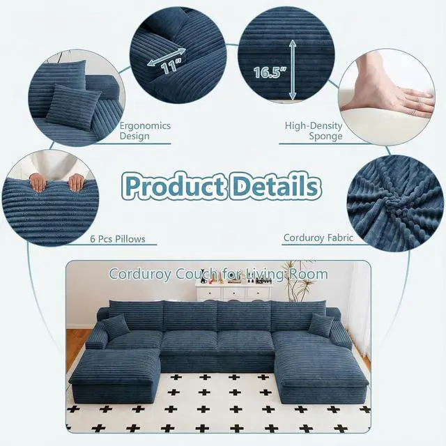 Alt view image 4 of 7 - 136" Cloud Sectional Couch with U-Shaped Chaise,Corduroy Viral Boneless Sofa with Ottoman,Memory Foam Couches in a Box with Deep Seat for Living Room,No Assembly Required (Blue,Right-Facing Chaise)