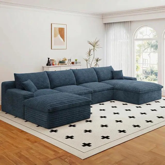Alt view image 3 of 7 - 136" Cloud Sectional Couch with U-Shaped Chaise,Corduroy Viral Boneless Sofa with Ottoman,Memory Foam Couches in a Box with Deep Seat for Living Room,No Assembly Required (Blue,Right-Facing Chaise)