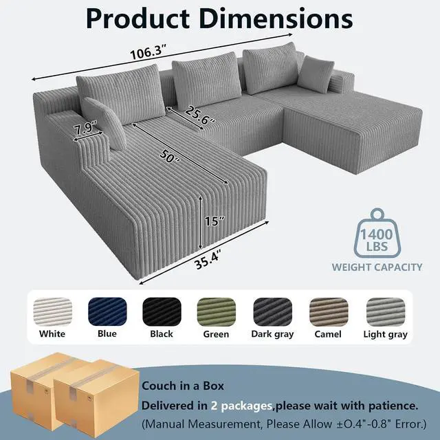 Alt view image 2 of 7 - 107" W Cloud Sectional Couch with Ottoman,Modern U-Shaped Cloud Couch with Deep Seat,Comfy Corduroy 3-Seater Sofa,Memory Foam Sofa for Living Room,No Assembly (Grey)