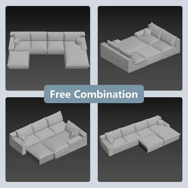 Alt view image 6 of 7 - 136" Cloud Sectional Couch with U-Shaped Chaise,Corduroy Viral Boneless Sofa with Ottoman,Memory Foam Couches in a Box with Deep Seat for Living Room,No Assembly Required (Camel,Right-Facing Chaise)