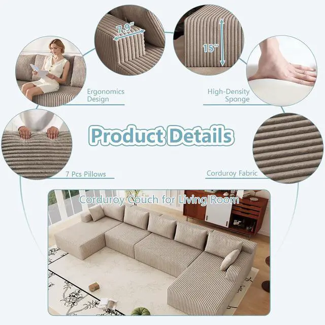 Alt view image 4 of 7 - 160" Cloud Sectional Couch,Modern U-Shaped Cloud Couch with Deep Seat,Comfy Corduroy 5-Seater Sofa,Memory Foam Sofa for Living Room,No Assembly (Camel)